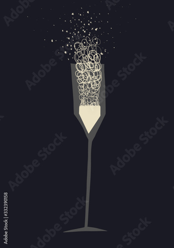 Illustration of a bubbling champagne glass against a black background