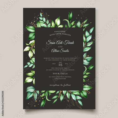 wedding invitation card with floral and leaves 