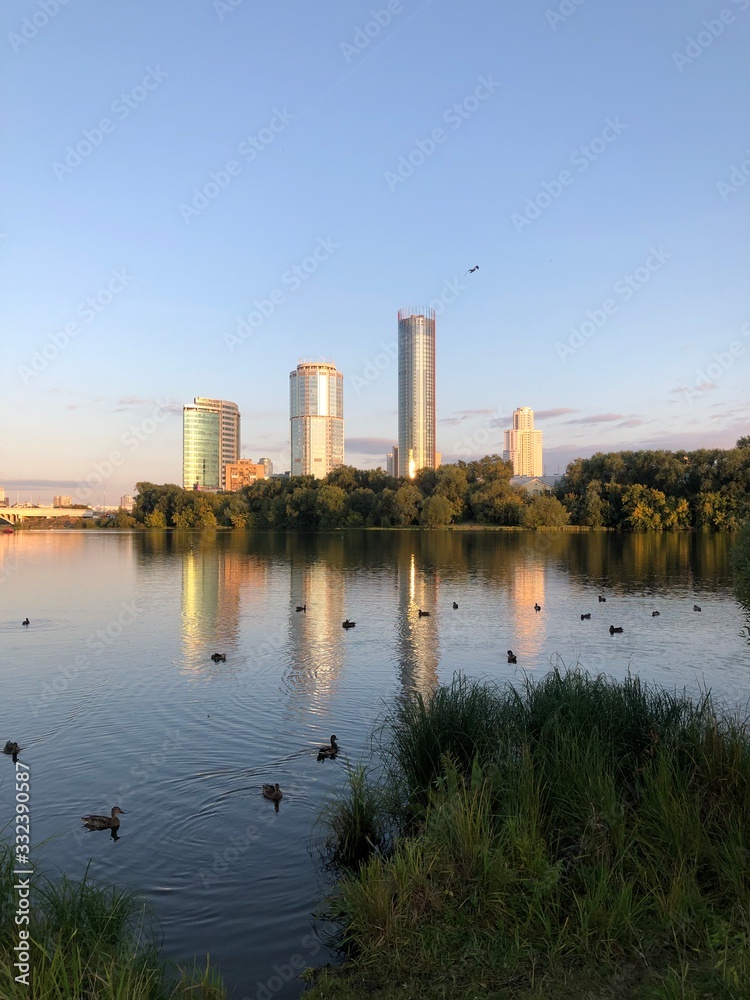 Urban landscape. Embankment of the Iset river. Ducks. Yekaterinburg