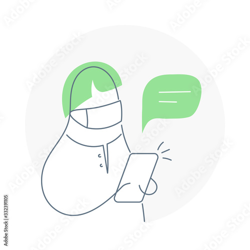 Man in the medical face mask chatting on the smartphone. Remote work, contactless communication, quarantine or isolation concept. Flat line vector illustration on white,