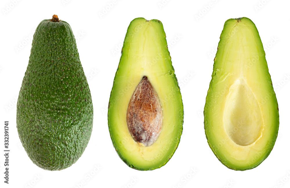 Set of fresh avocado isolated on white background.