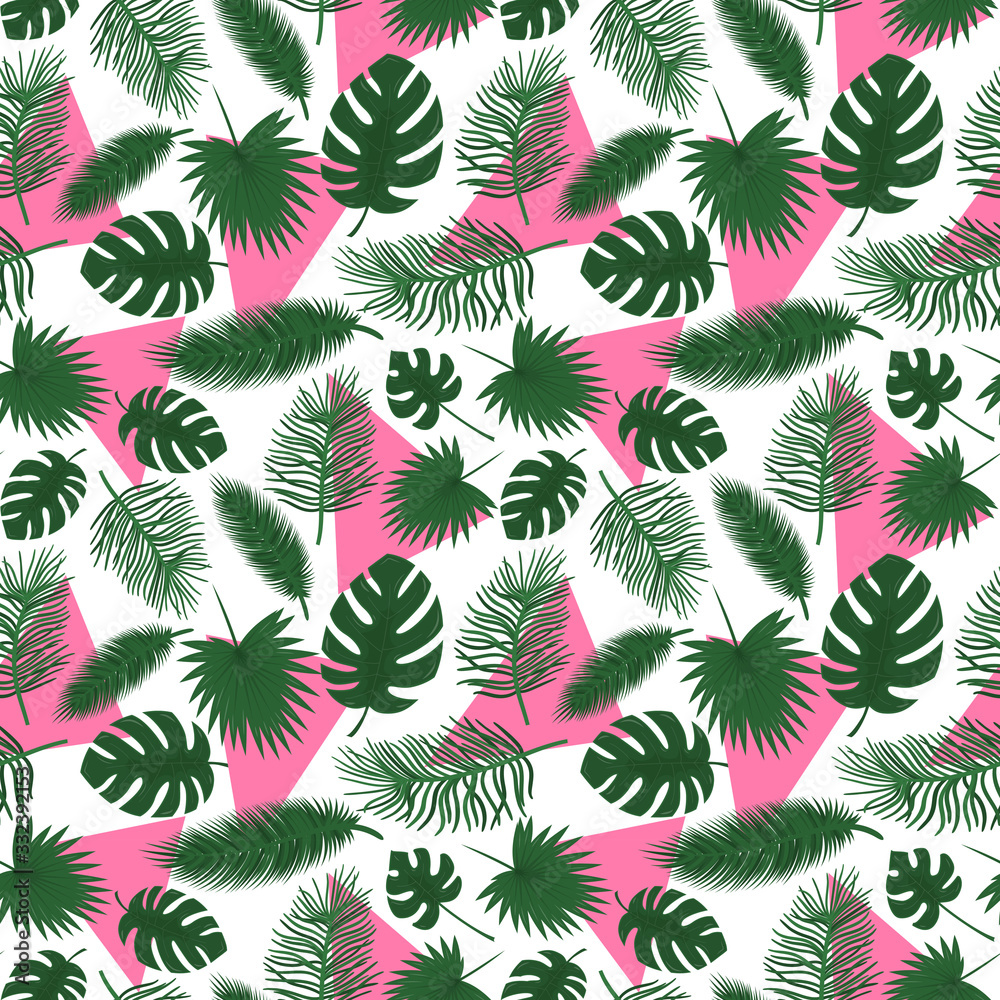 Seamless pattern with tropical leaves, palm trees, monstera and pink triangles.flat style. Botanical pattern with green leaves on light background.Color vector illustration.for textiles,wrapping paper Seamless pattern with tropical leaves, palm trees, monstera and pink triangles.flat style. Botanical pattern with green leaves on light background.Color vector illustration.for textiles,wrapping paper