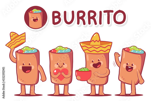 Cute burrito vector cartoon characters set isolated on a white background.