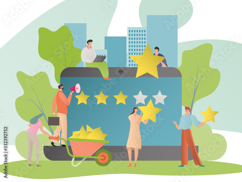 Team work together to put stars in quality rating, people marketing success concept, vector illustration. Website development and management, online advertisement result. Positive customer feedback