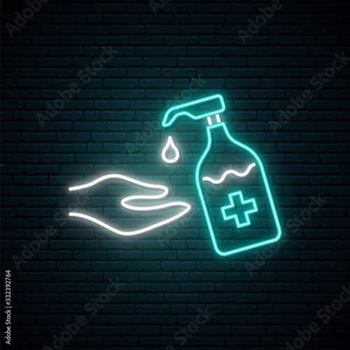 Hand sanitizer neon sign. Antibacterial hand gel prevention of coronavirus. Vector design for social media and network.