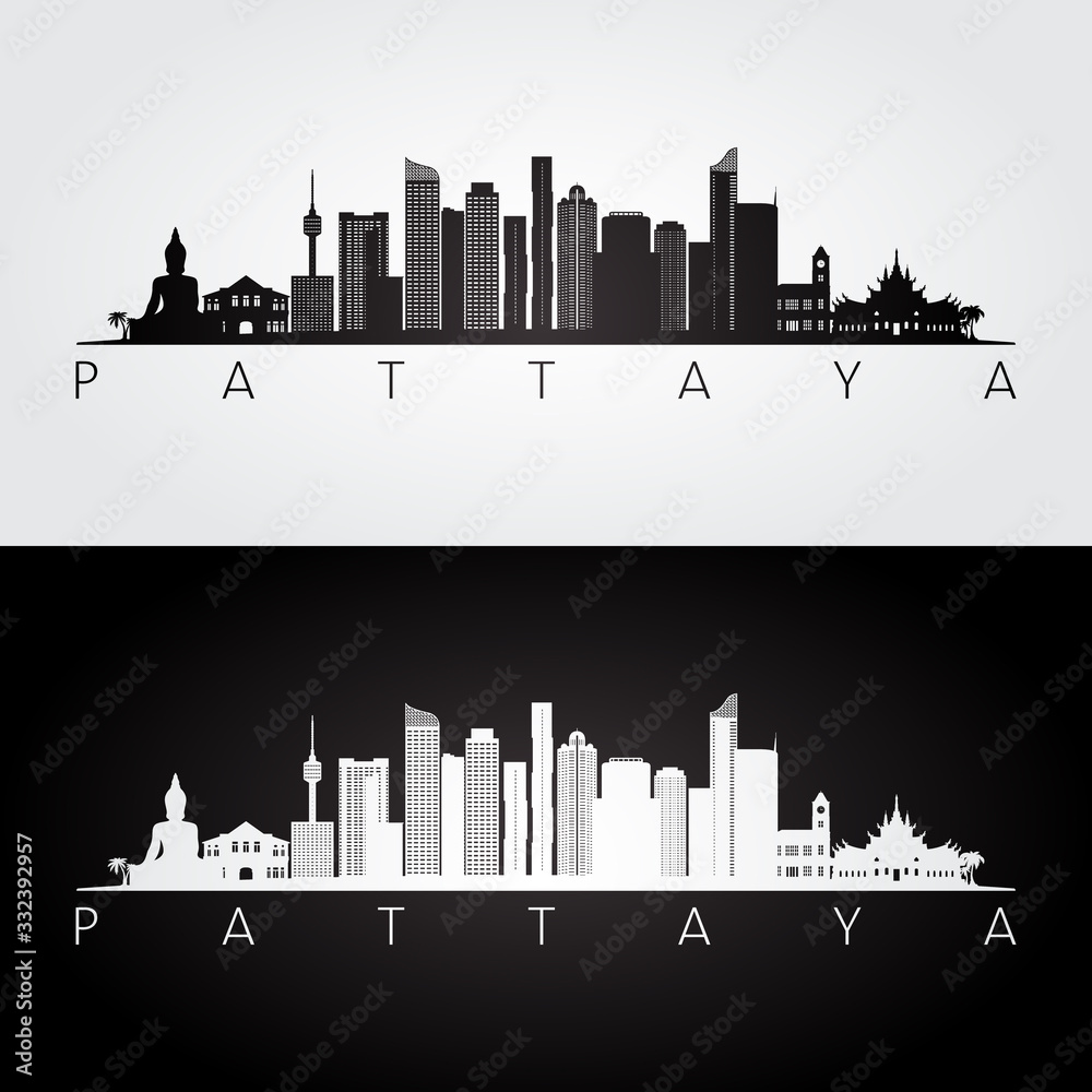 Fototapeta Pattaya skyline and landmarks silhouette, black and white design, vector illustration.