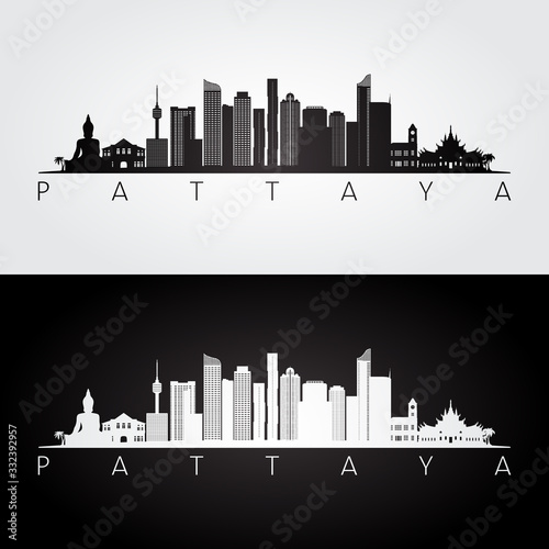 Fototapeta Pattaya skyline and landmarks silhouette, black and white design, vector illustration.
