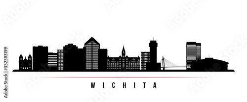 Wichita skyline horizontal banner. Black and white silhouette of Wichita, Kansas. Vector template for your design.