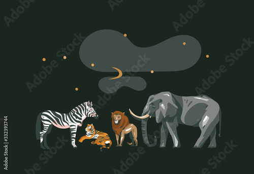 Hand drawn vector abstract cartoon modern graphic African Safari collage illustrations art banner with safari animals isolated on black color background