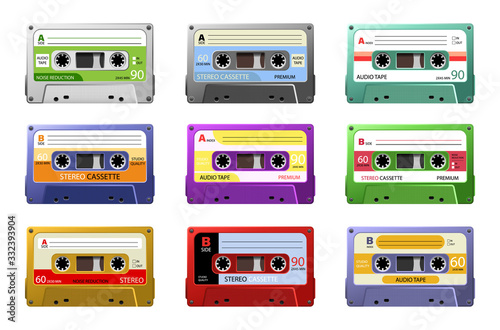 Music cassettes. Retro dj sound tape, 1980s rave party stereo mix, old school record technology. Web graphics, banners, advertisements, stickers