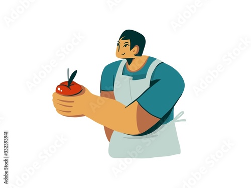 Hand drawn vector abstract cartoon modern graphic salesman character design salles fresh organic home apple illustration art isolated on white background