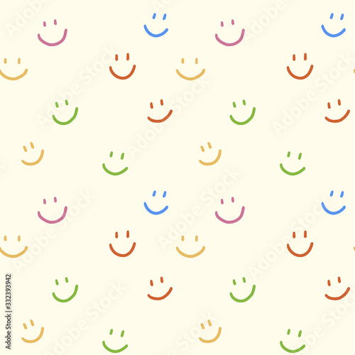 Vector seamless pattern with cute smiles on beigephone isolated background. Yellow, green, orange, red cool smile. Use in textiles, clothing, stationery, wrapping paper, notepad covers, phone wallpape