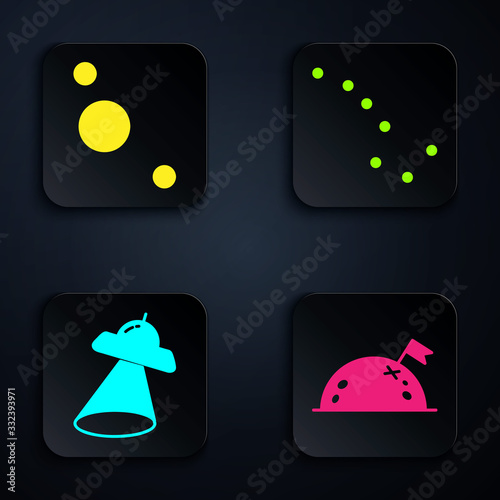 Set Planet with flag, Solar system, UFO flying spaceship and Great Bear constellation. Black square button. Vector