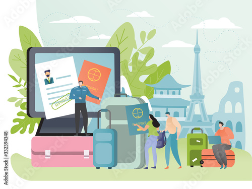 People apply for visa to travel abroad, tourist passport concept, document security control, vector illustration. Tiny men and women cartoon characters in flat style, legal border crossing regulations