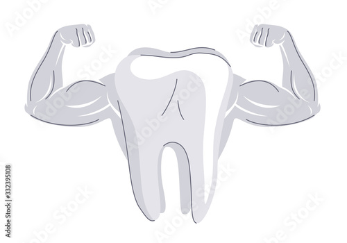 White healthy tooth with strength muscular hands concept isolated vector illustration, strong teeth, minimal simple style drawing.