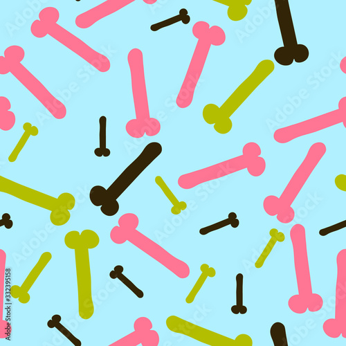 seamless pattern of pink, black, and yellow penises on a blue background