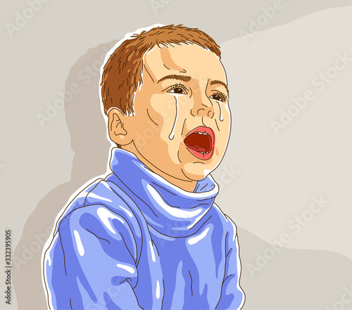 Crying little boy kid unhappy and emotional in tantrum vector illustration, cute child is crying with tears.