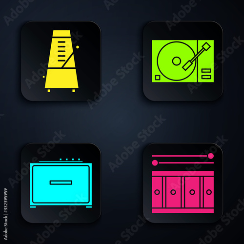 Set Drum with drum sticks, Metronome with pendulum in motion, Guitar amplifier and Vinyl player with a vinyl disk. Black square button. Vector