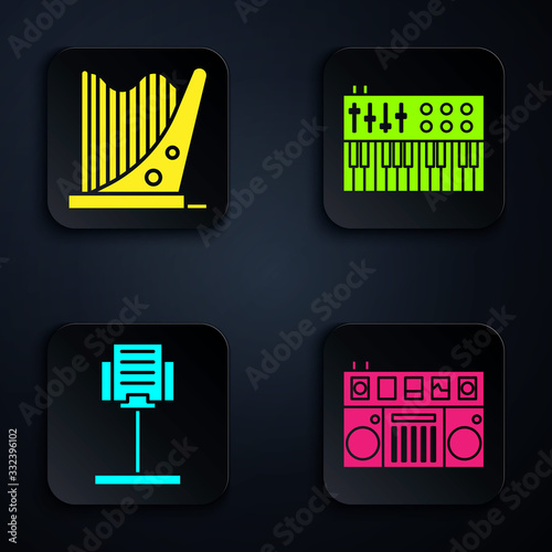 Set DJ remote for playing and mixing music, Harp, Music stand and Music synthesizer. Black square button. Vector