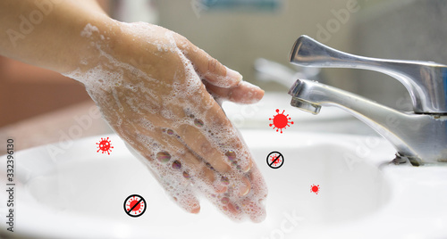 close up adult woman washing and rubbing hand while opening faucet to cleaning soap with virus icon for protection and prevent coronavirus (MERS-nCOV)  and bacteria concept photo