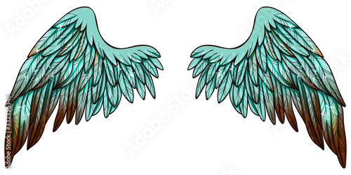 Beautiful mint green gradient magic glowing wings with brown feathers, vector