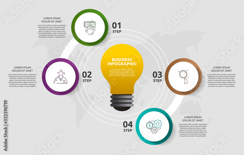 Modern vector light bulb infographics. Business template with circles and four steps. Success concept for graph, presentation, cycling diagram, chart, web, app