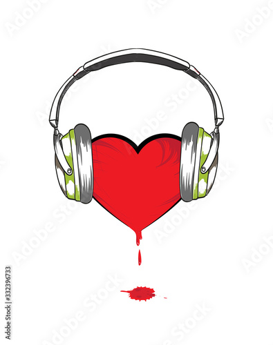 Red heart bleeding with headphones vector illustration. Isolated on white. Music vector