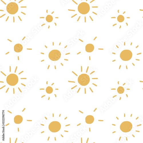Vector seamless pattern with cute sun on a white isolated background. Yellow cool smile. Use in textiles, clothing, stationery, wrapping paper, notepad covers, phone wallpaper