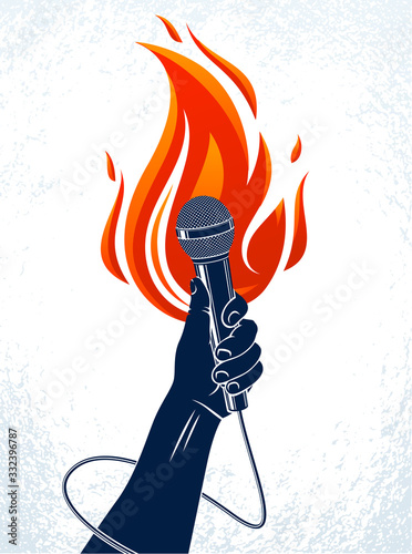 Microphone in hand on fire, hot mic in flames live show, rap battle rhymes music, concert festival or night club label, karaoke singing or standup comedy, vector logo, t-shirt print.