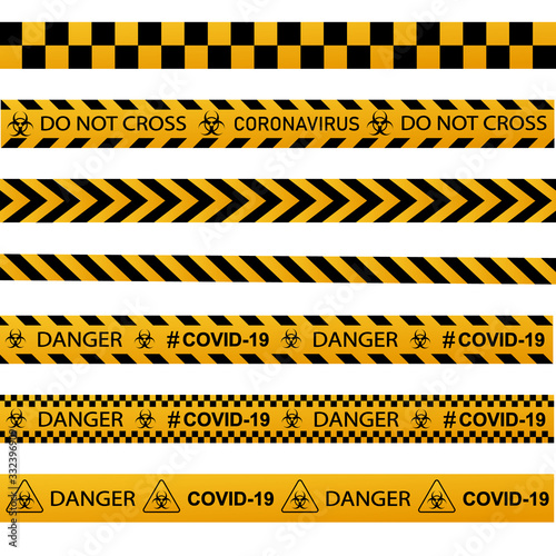 Coronavirus warning sign in a triangle and warning tape vector illustration. Coronavirus in Europe. Chinese virus outbreak. Global epidemic of COVID-2019. © YURII