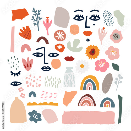 Set of abstract hand drawn shapes, flowers, floral elements, line art women faces. Flat modern artistic, minimalist design. Decorative isolated vector illustrations for textile, prints, patterns.