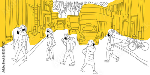 People walking on the street wearing antivirus mask. Coronavirus epidemic 2020