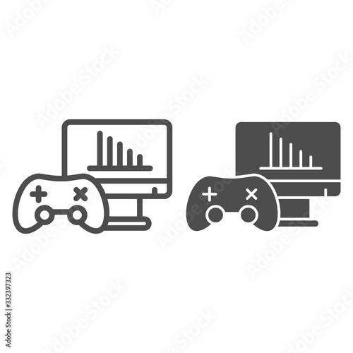 Gamer testing line and solid icon. Gamepad or joystick and game chart monitor symbol, outline style pictogram on white background. Benchmarking sign for mobile concept and web design. Vector graphics.