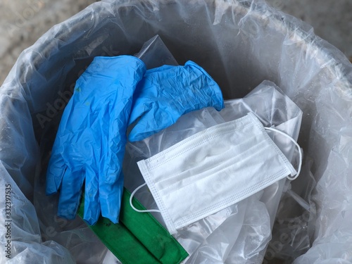 Used hygienic mask and medical glove the trash bin,infectious waste, prevented virus covid-19 by separating infected waste.