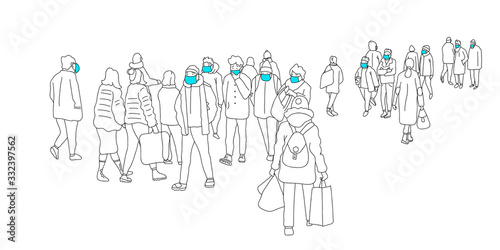 People walking on the street wearing antivirus mask. Coronavirus epidemic 2020