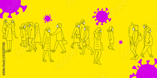 People walking on the street wearing antivirus mask. Coronavirus epidemic 2020