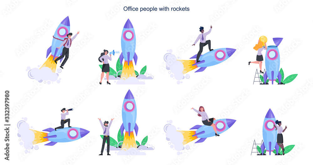 Business people with a rocket set. Rocket launch as a metaphor