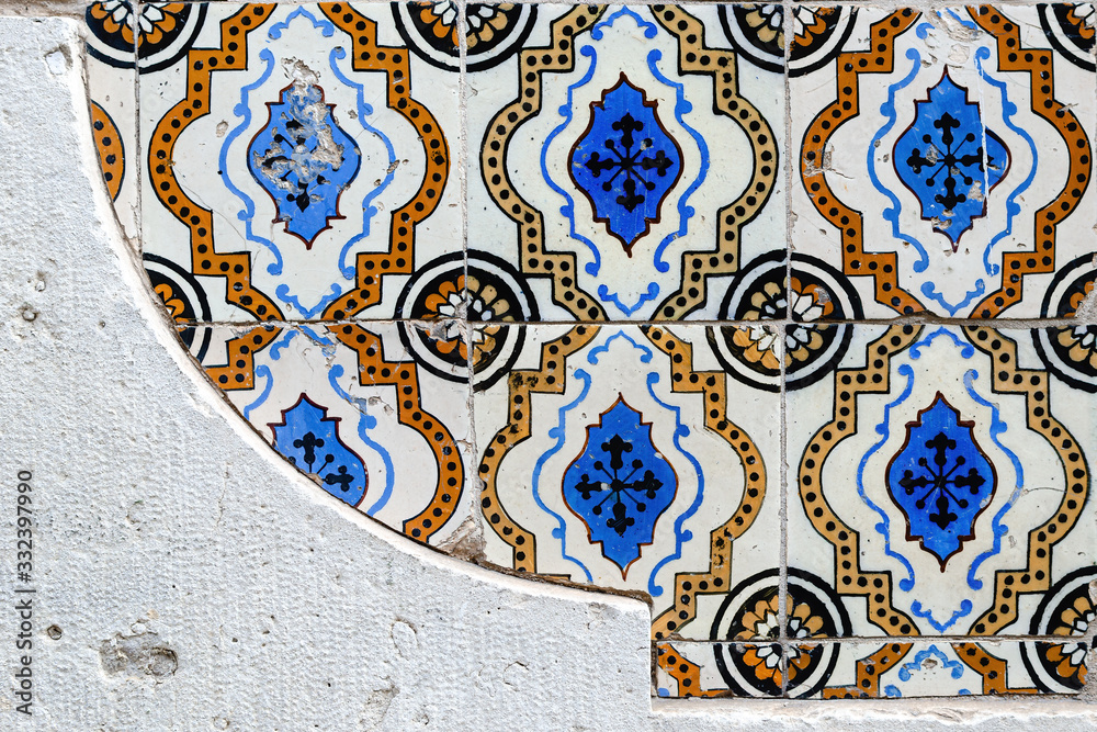 traditional portuguese azulejos, typical tin glazed white and blue ceramic tiles