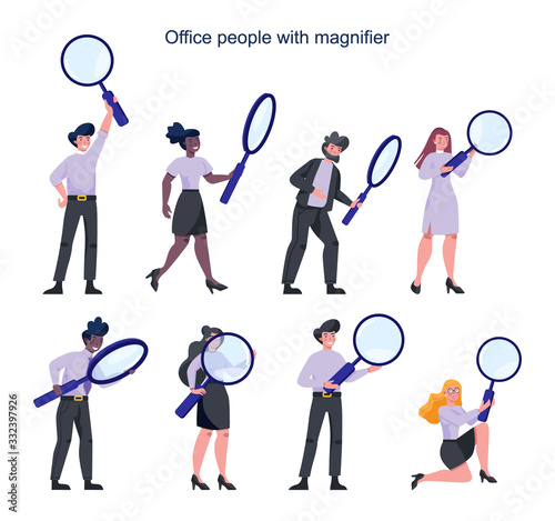 Business people in formal suit holding a magnifying glass. Recruiting,