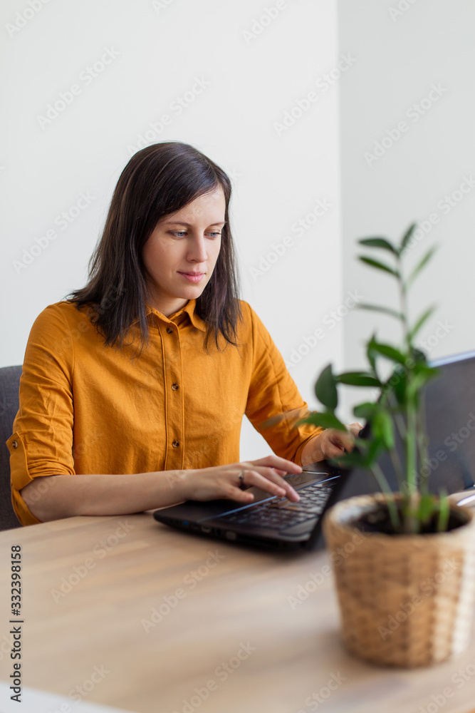 Young successful positive stylish woman freelancer is working on a laptop. Work from apartment remote online. Home office comfortable atmosphere. business internet programmer designer developer Young successful positive stylish woman freelancer is working on a laptop. Work from apartment remote online. Home office comfortable atmosphere. business internet programmer designer developer