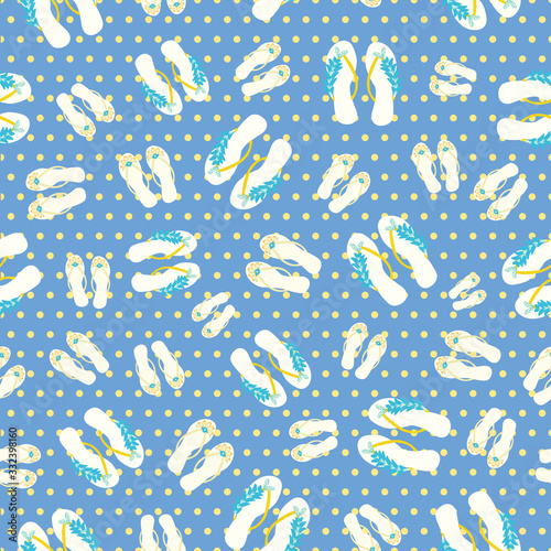 Flip flop shoe on beach seamless vector pattern background. Pretty blue sandals with tropical flower decoration and polka dot oceanside backdrop. Hot summer all over print for tropical resort concept