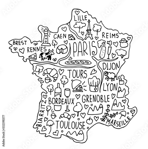 Hand drawn doodle France map. city names lettering and cartoon