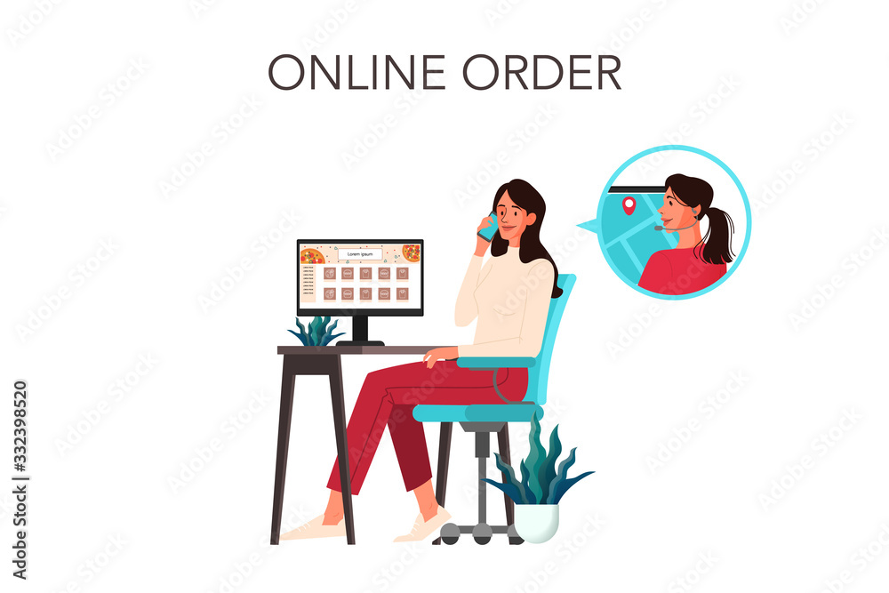 Online order and delivery concept. Woman call to food delivery - obrazy, fototapety, plakaty 