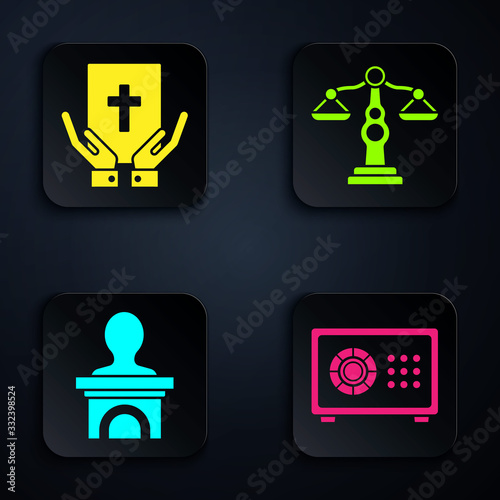 Set Safe, Oath on the Holy Bible, Stage stand or debate podium rostrum and Scales of justice. Black square button. Vector