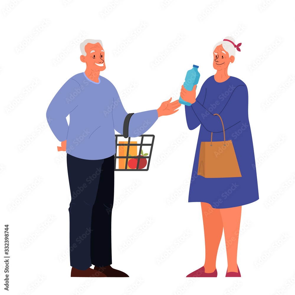 Old people in supermarket with shopping bag and basket buying