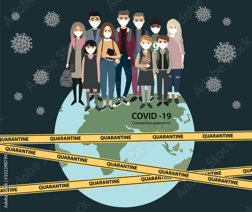 Coronavirus COVID-19. Group of different nationality and age people with masks standing on Earth with viruses around With yellow ribbons. vector stock illustration qarantine. photo