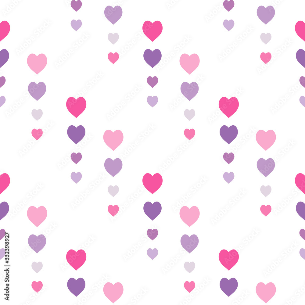 Seamless pattern with exquisite pink and violet hearts on white background for plaid, fabric, textile, clothes, tablecloth and other things. Vector image.