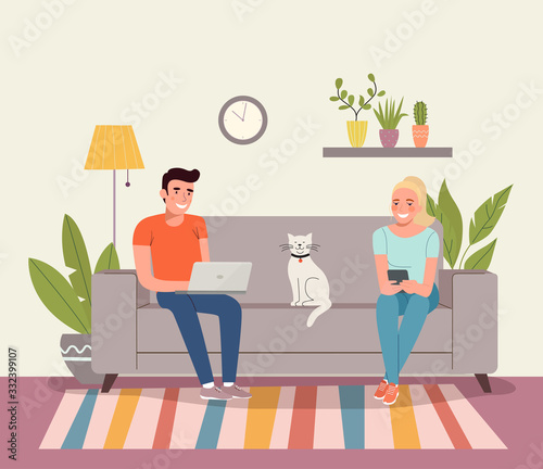 Man, woman and cat sitting on the sofa with gadgets. Vector flat illustration