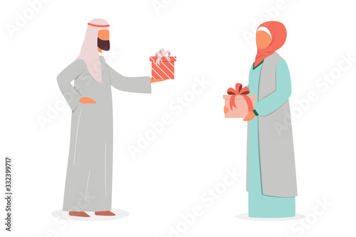 Muslim woman and man holding gift box. Arabian people in traditional