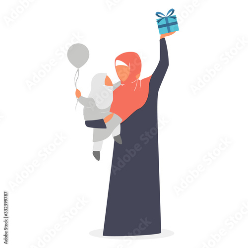 Muslim woman holding gift box. Arabian woman in traditional clothes
